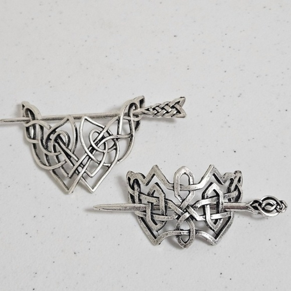 New Viking Hair Slide Women OS Silver Celtic Knot Heart Metal Hair Pin‎ Set 2pc